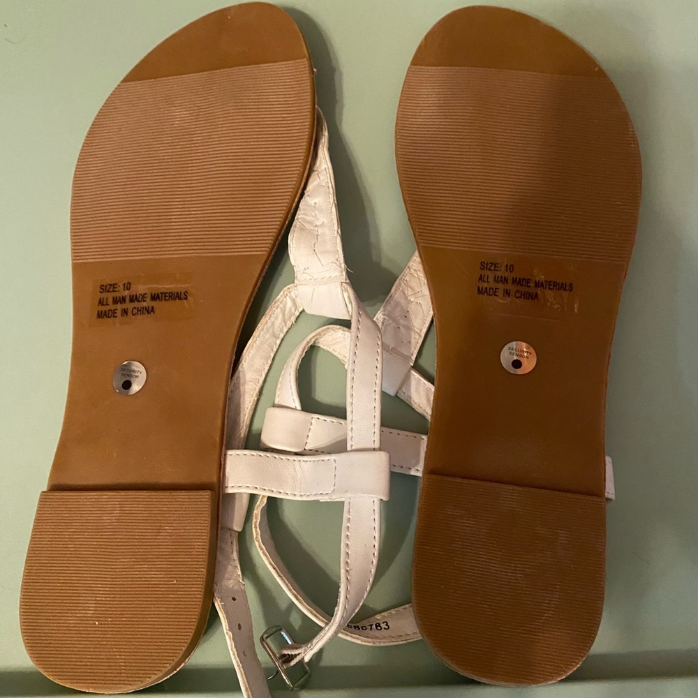 blue and white strap tan sandals - Picture 2 of 2
